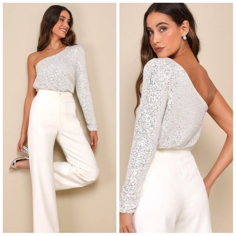 Lulu's Silver One-Shoulder Sequin Top